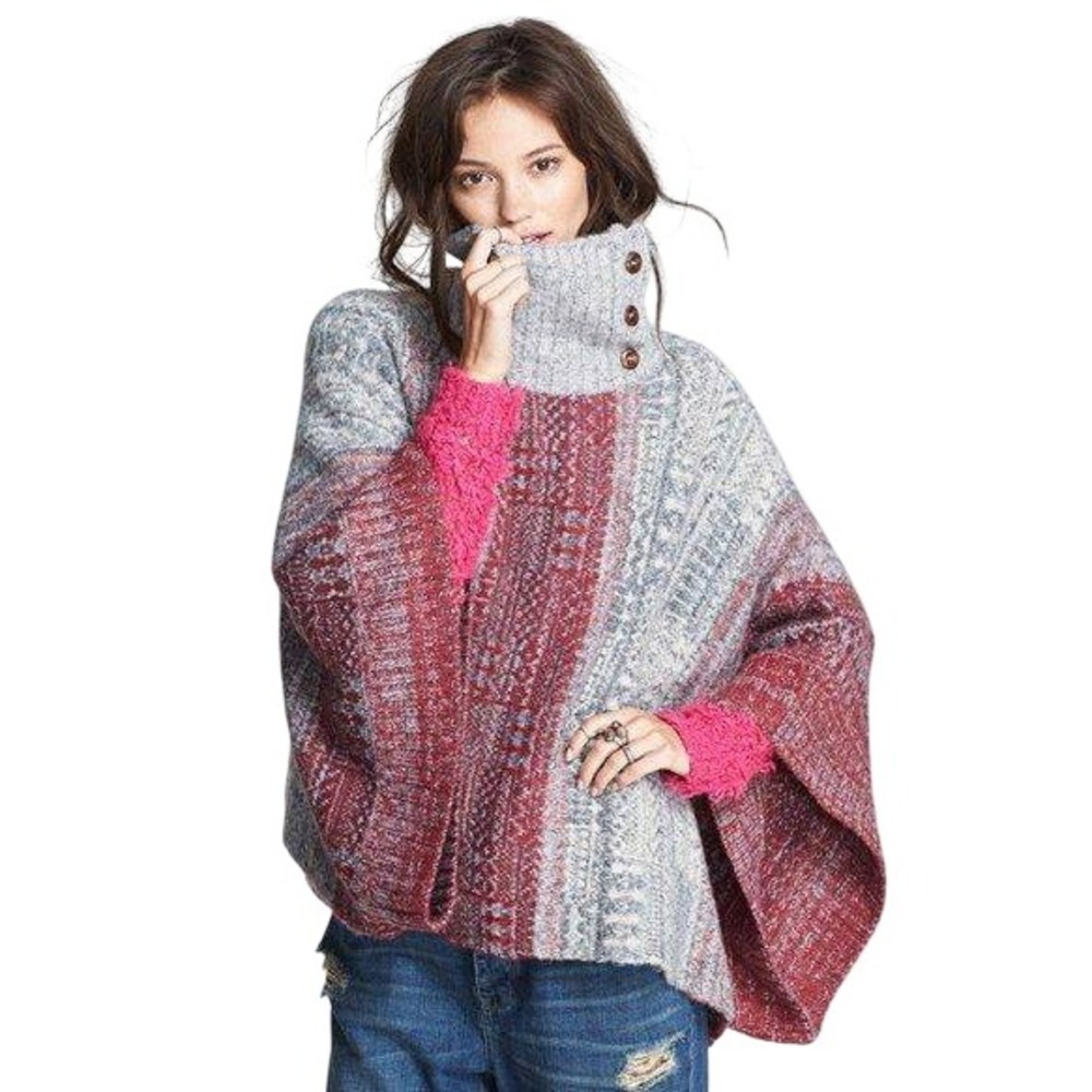 Free People Willow Poncho‎ Womens S Red Gray Knit Turtleneck Oversized Cozy Boho